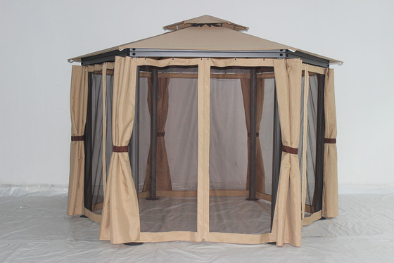 Collapsible Frame Outdoor Hexagonal Gazebo with Netting and Privacy Curtains Easy Assembly